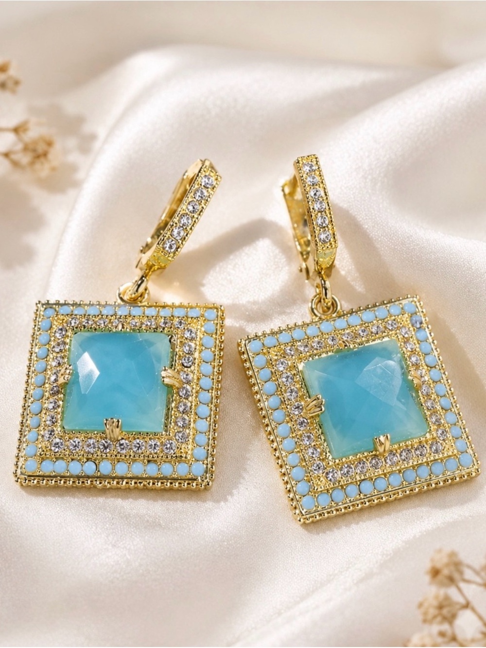 Gold Turquoise Drop Earrings - Picture 5 of 5